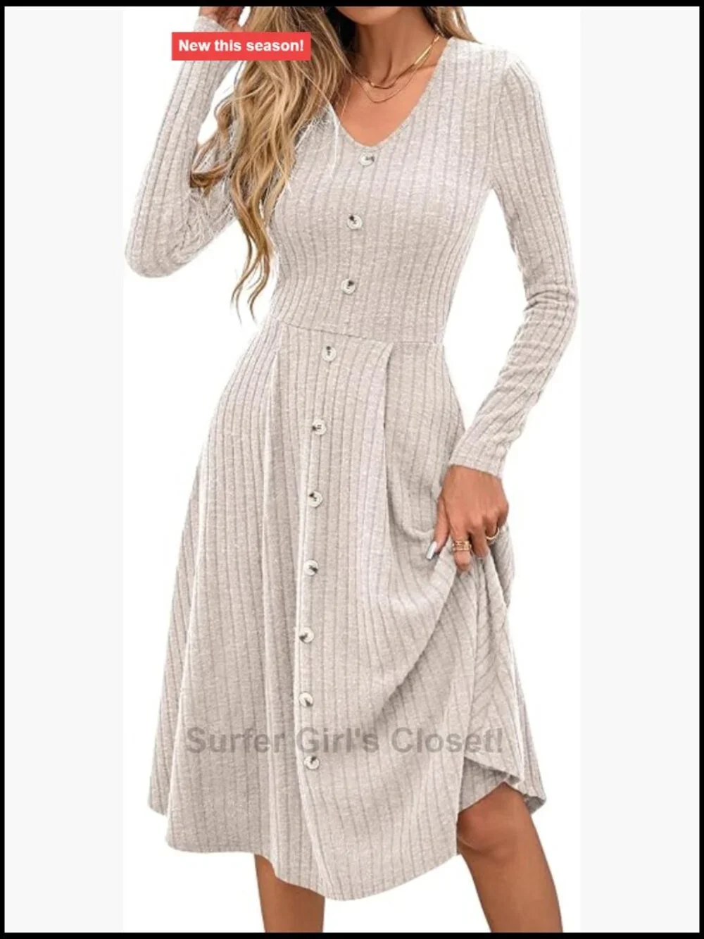 Long Sleeve V Neck Button Down A Line Swing Knit Sweater Dress Midi